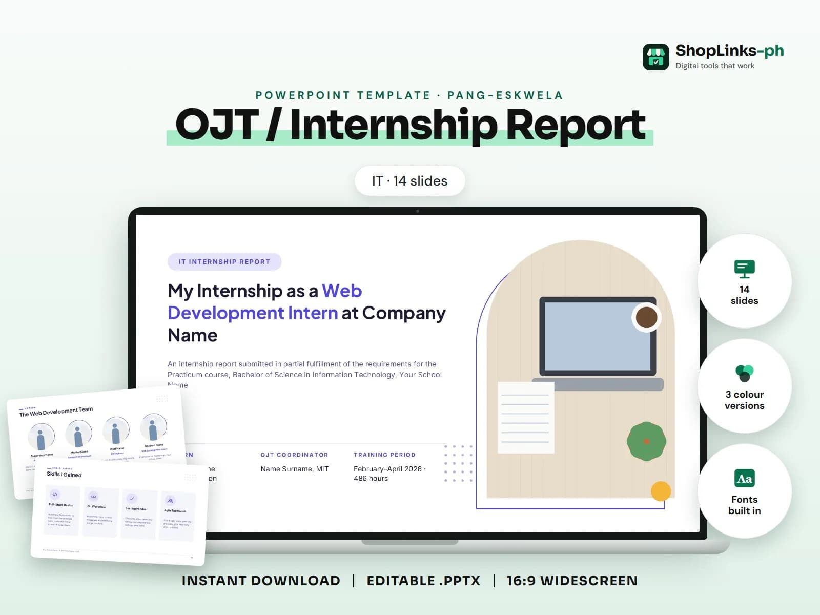 Cover of the OJT / Internship Report (IT) PowerPoint template on a laptop
