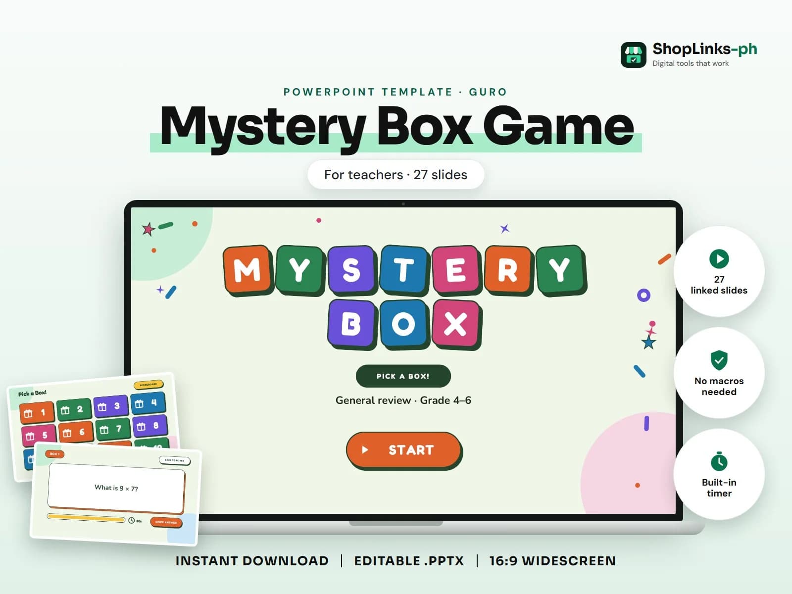 Cover of the Mystery Box Game PowerPoint template on a laptop