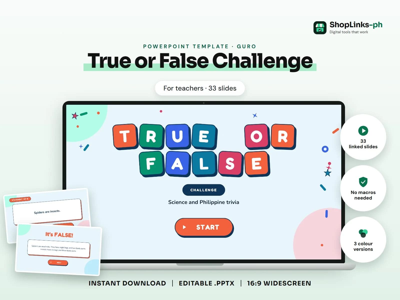 Cover of the True or False Challenge PowerPoint template on a laptop