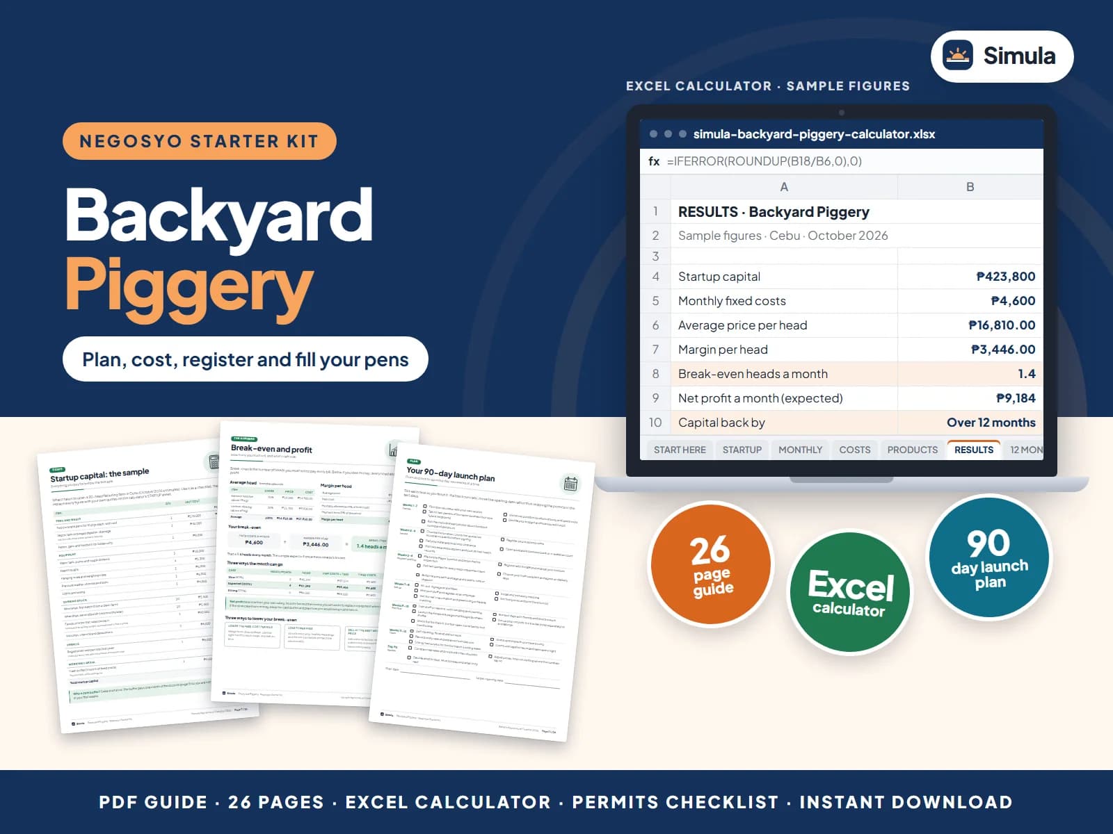 Cover of the Backyard Piggery Negosyo Starter Kit: guide pages and the calculator's results
