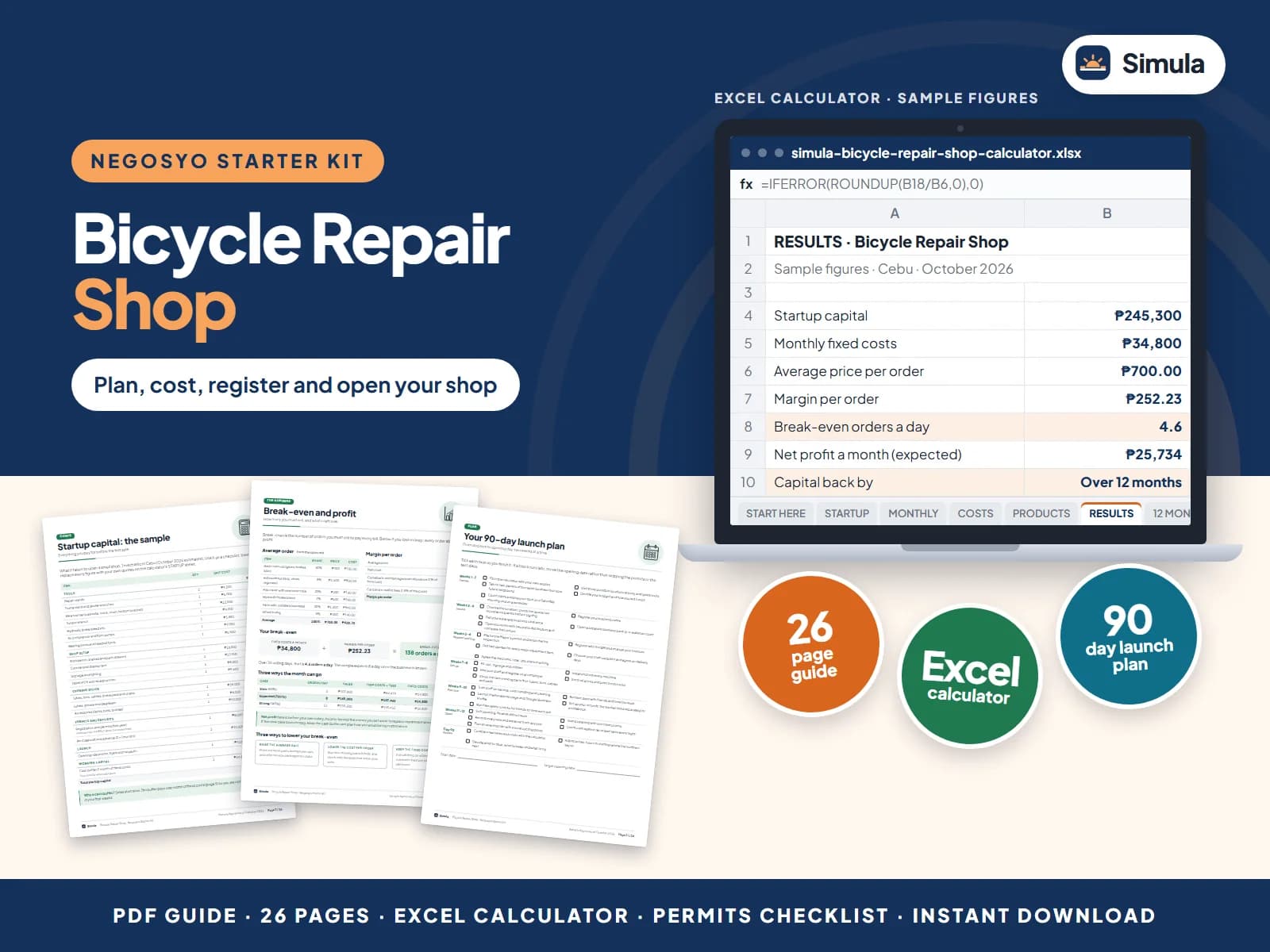 Cover of the Bicycle Repair Shop Negosyo Starter Kit: guide pages and the calculator's results