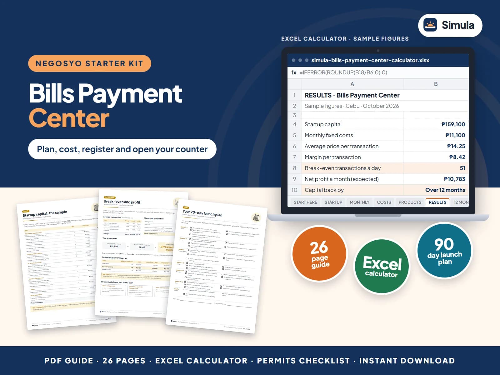 Cover of the Bills Payment Center Negosyo Starter Kit: guide pages and the calculator's results