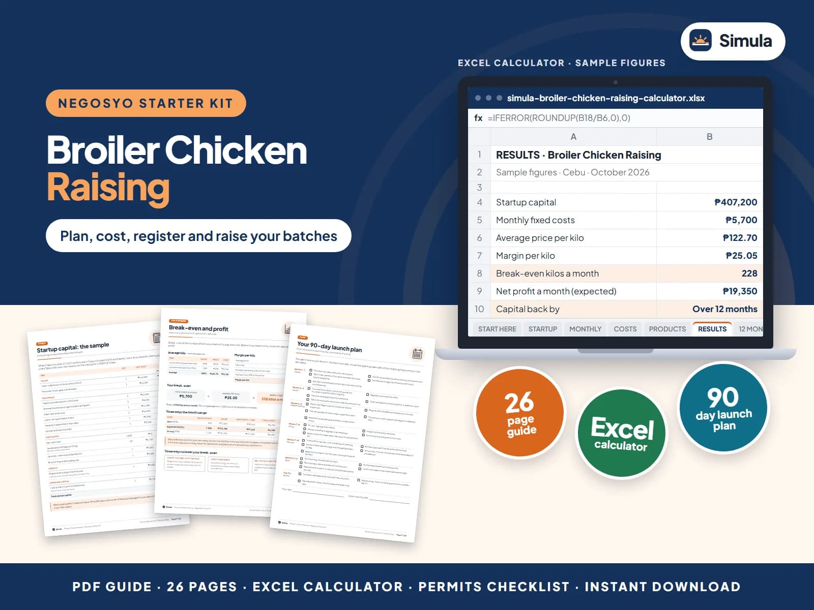 Cover of the Broiler Chicken Raising Negosyo Starter Kit: guide pages and the calculator's results
