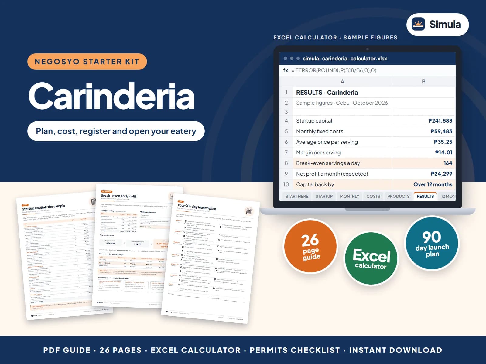Cover of the Carinderia Negosyo Starter Kit: guide pages and the calculator's results