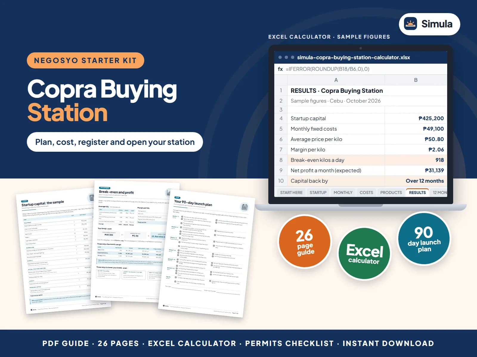 Cover of the Copra Buying Station Negosyo Starter Kit: guide pages and the calculator's results