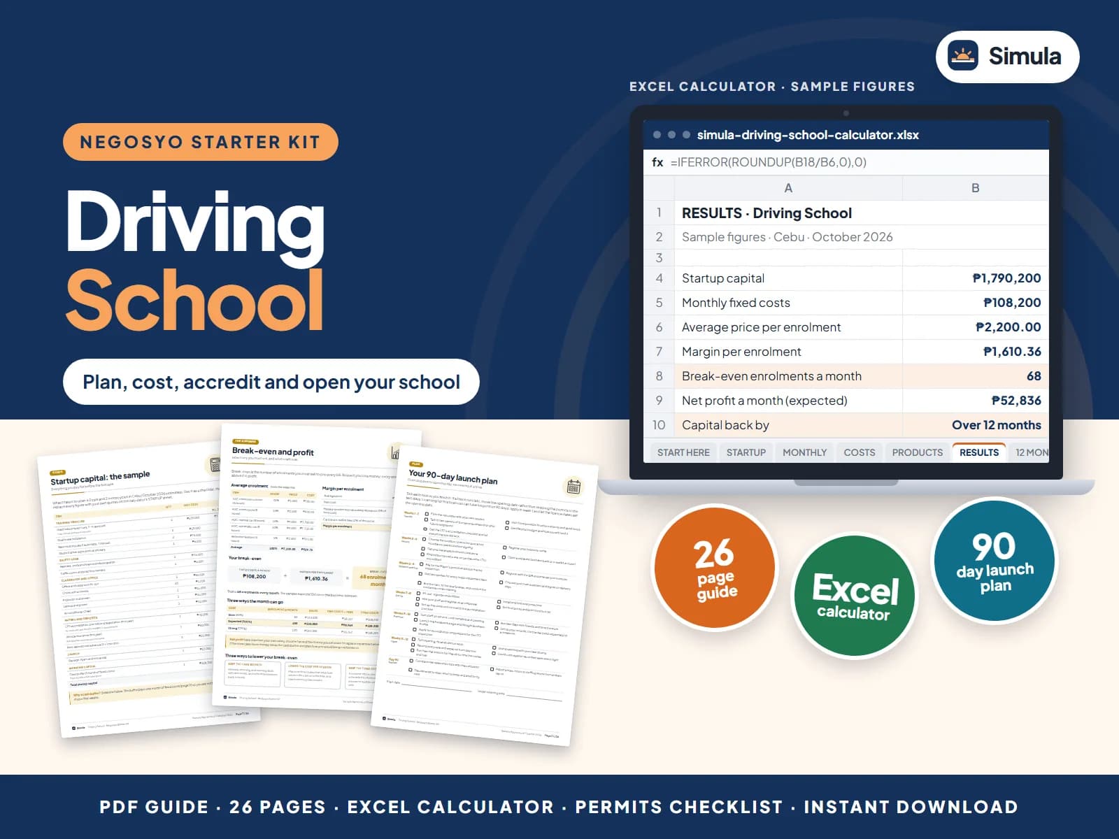 Cover of the Driving School Negosyo Starter Kit: guide pages and the calculator's results