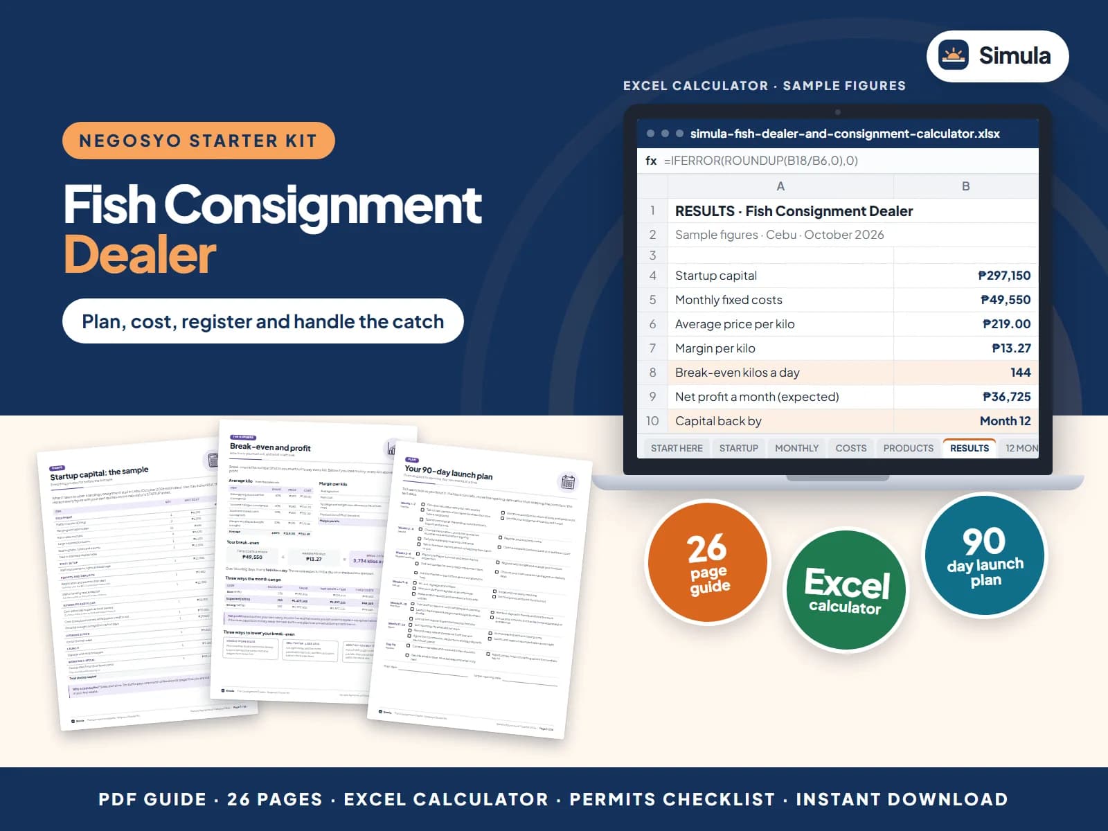 Cover of the Fish Consignment Dealer Negosyo Starter Kit: guide pages and the calculator's results