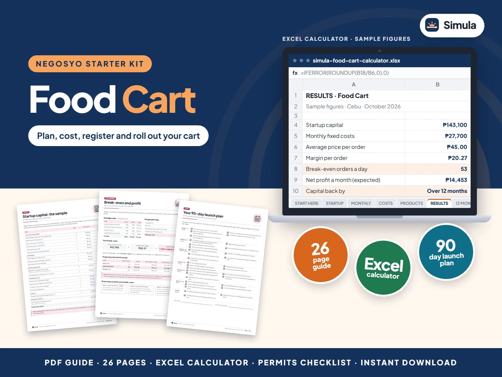 Cover of the Food Cart Negosyo Starter Kit: guide pages and the calculator's results