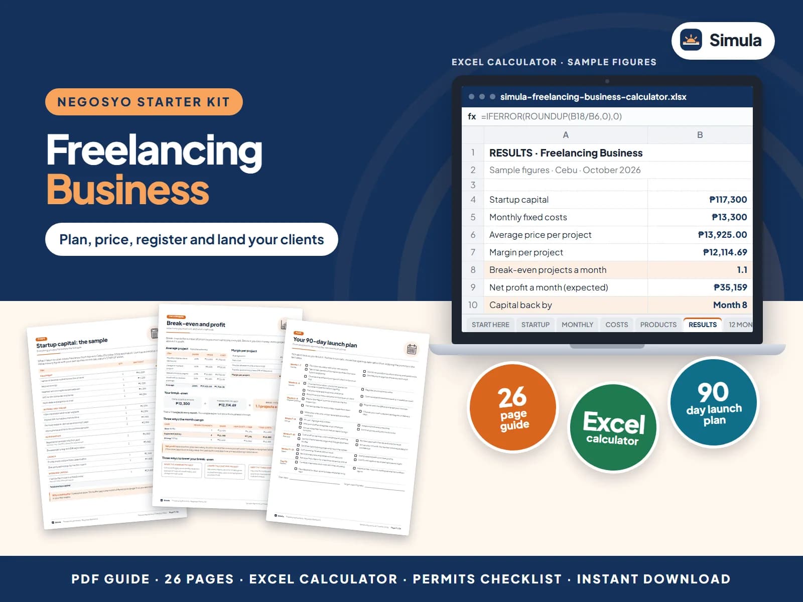Cover of the Freelancing Business Negosyo Starter Kit: guide pages and the calculator's results