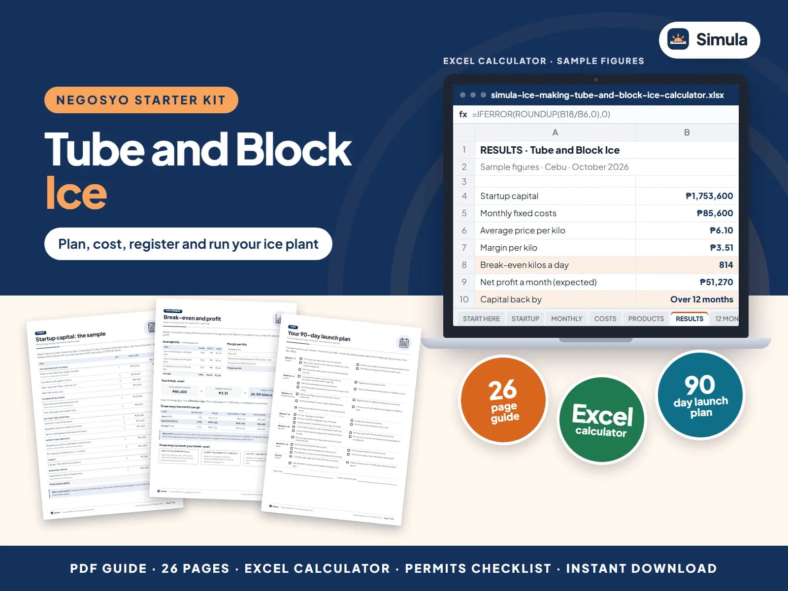 Cover of the Tube and Block Ice Negosyo Starter Kit: guide pages and the calculator's results