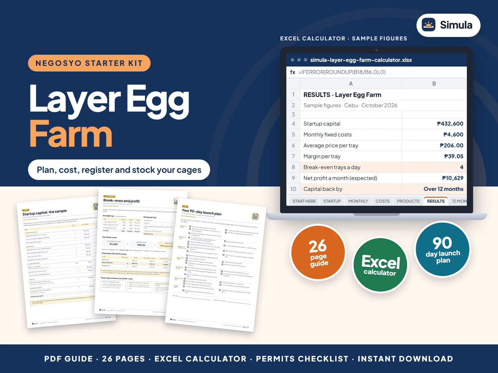 Cover of the Layer Egg Farm Negosyo Starter Kit: guide pages and the calculator's results