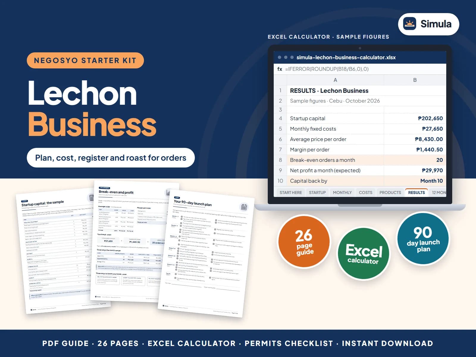Cover of the Lechon Business Negosyo Starter Kit: guide pages and the calculator's results