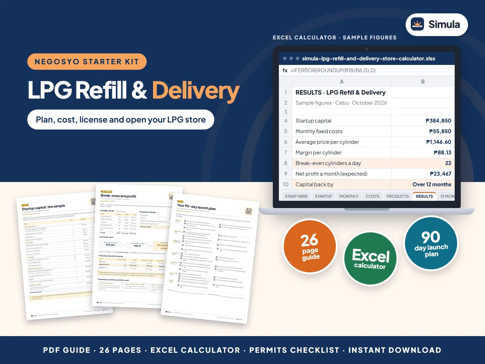 Cover of the LPG Refill & Delivery Negosyo Starter Kit: guide pages and the calculator's results
