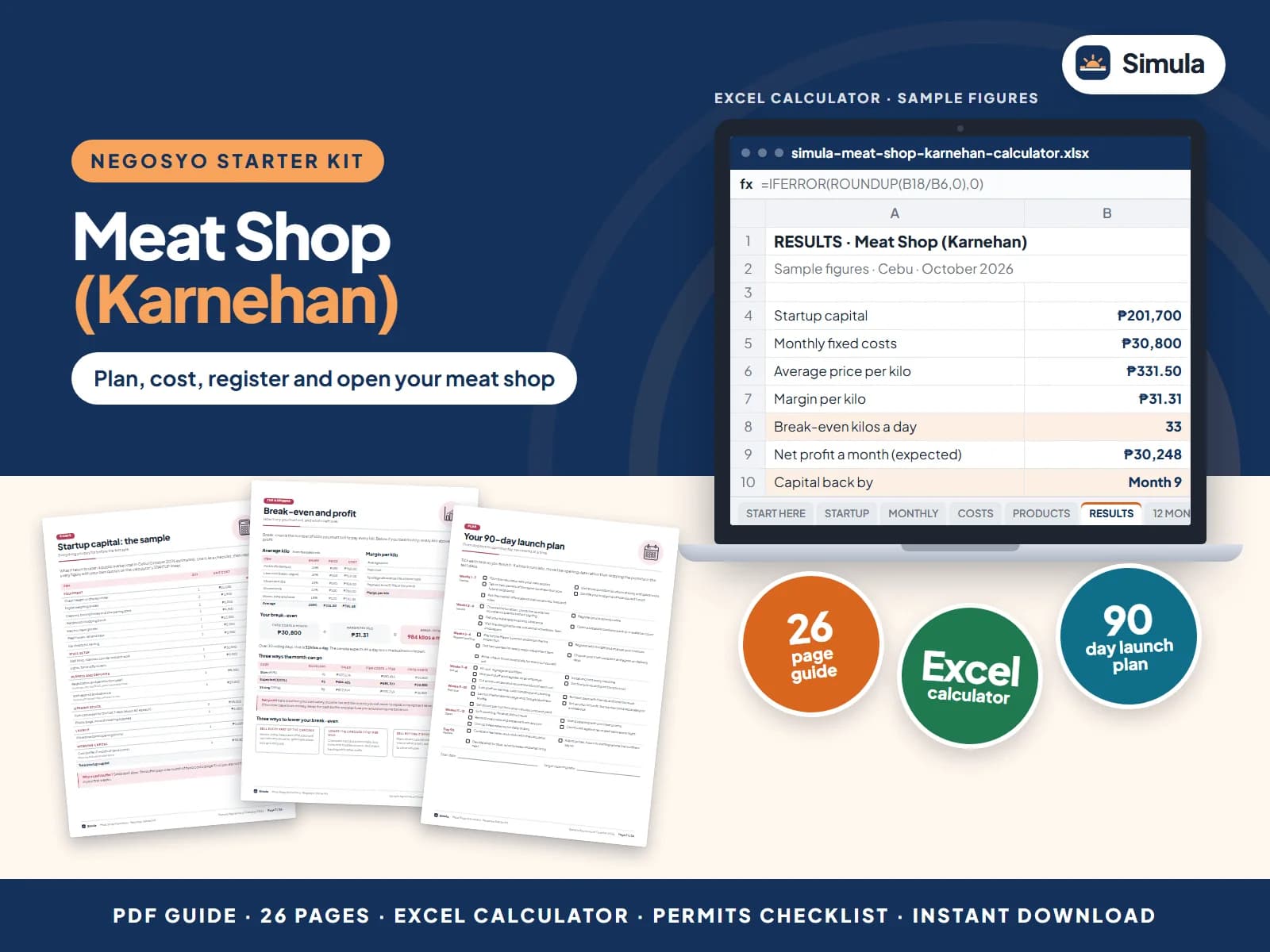 Cover of the Meat Shop (Karnehan) Negosyo Starter Kit: guide pages and the calculator's results