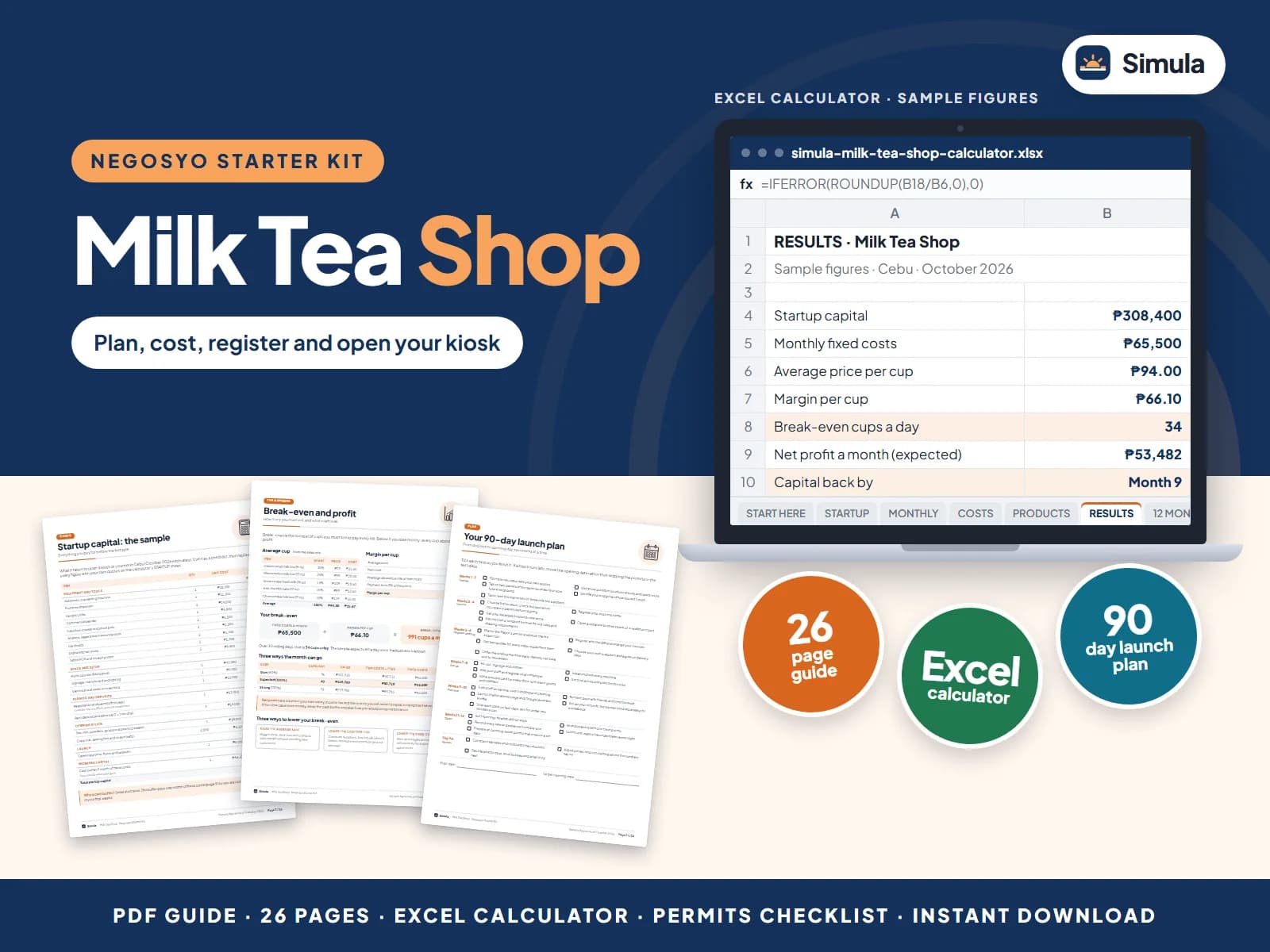 Cover of the Milk Tea Shop Negosyo Starter Kit: guide pages and the calculator's results