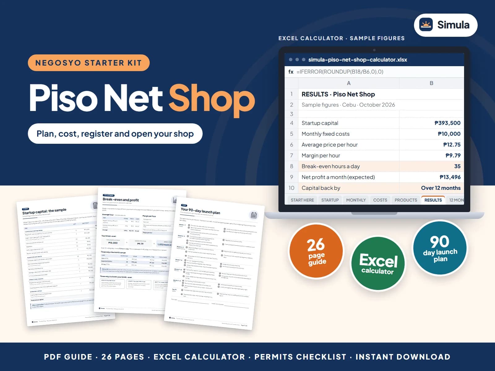 Cover of the Piso Net Shop Negosyo Starter Kit: guide pages and the calculator's results