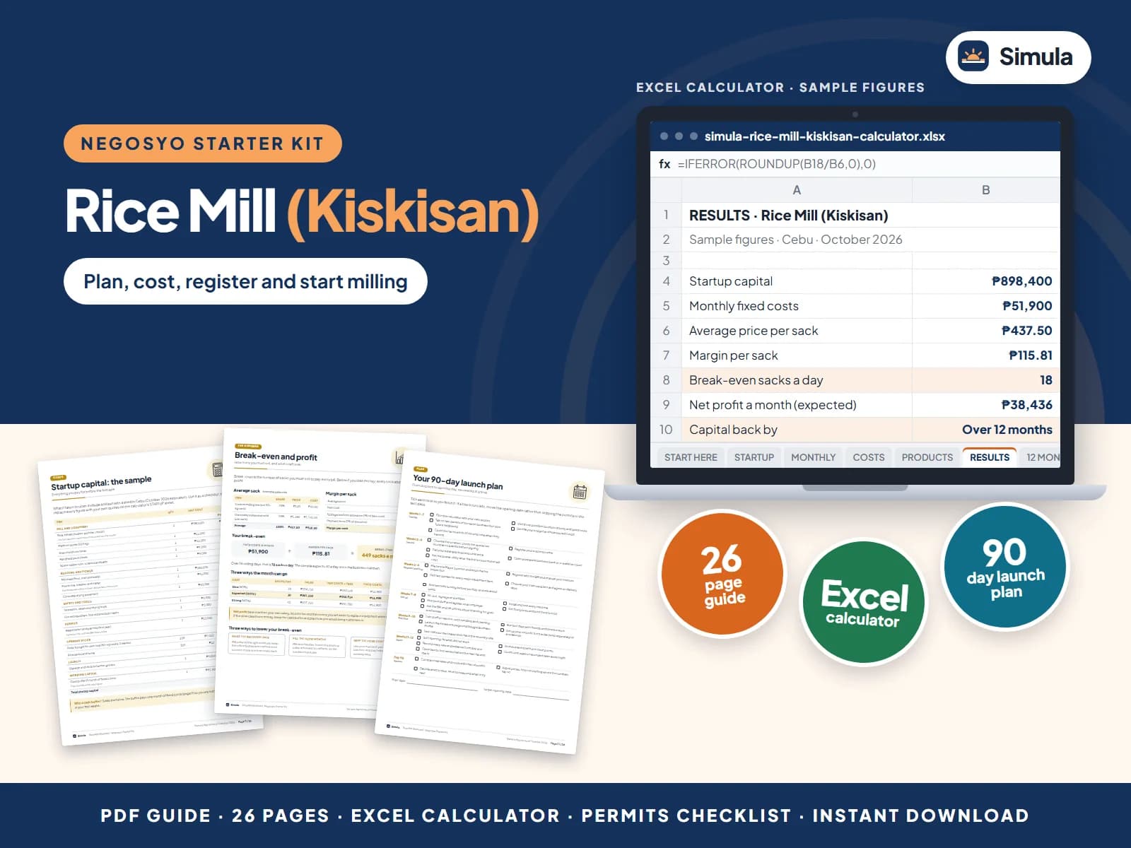 Cover of the Rice Mill (Kiskisan) Negosyo Starter Kit: guide pages and the calculator's results
