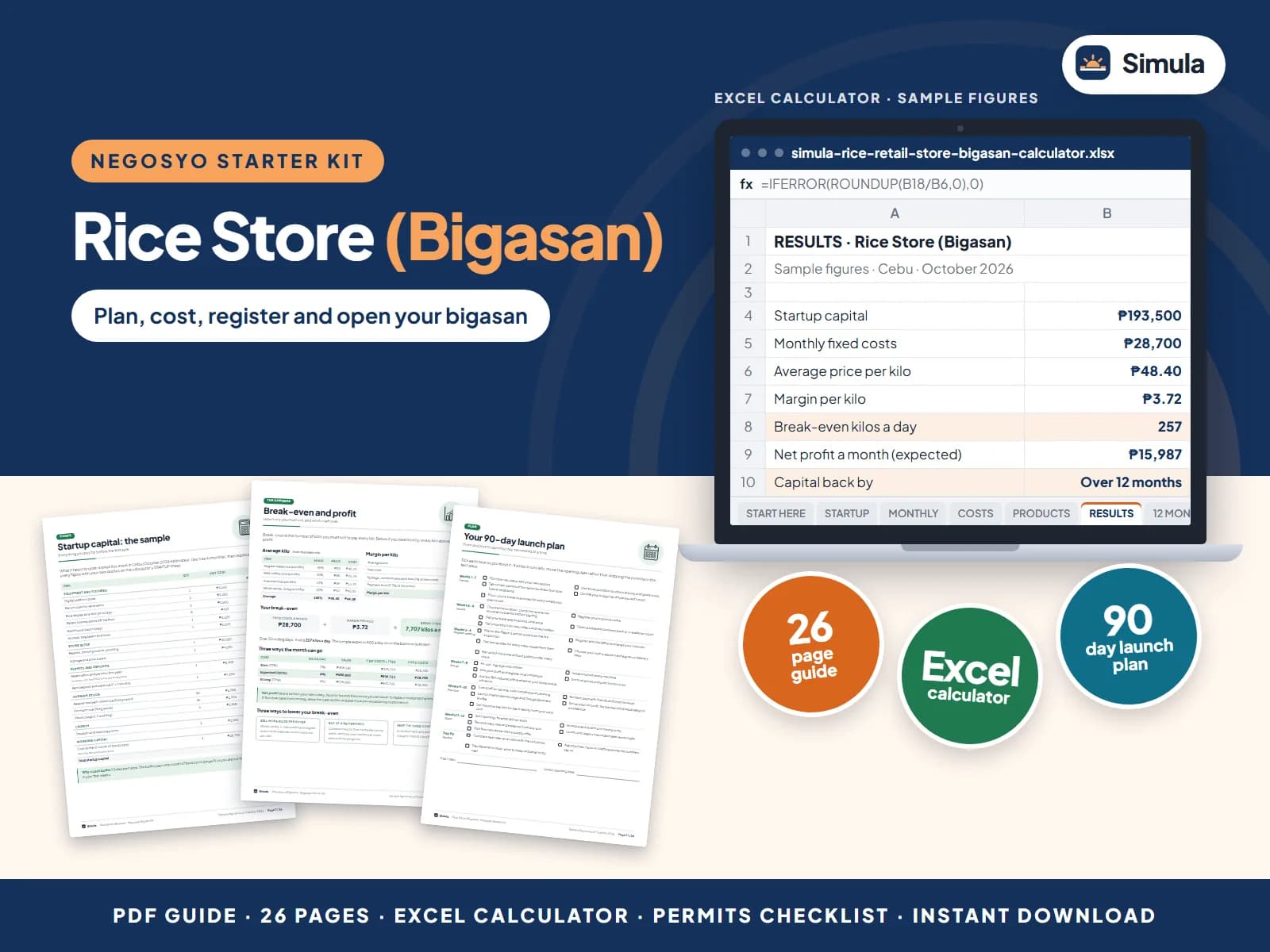 Cover of the Rice Store (Bigasan) Negosyo Starter Kit: guide pages and the calculator's results