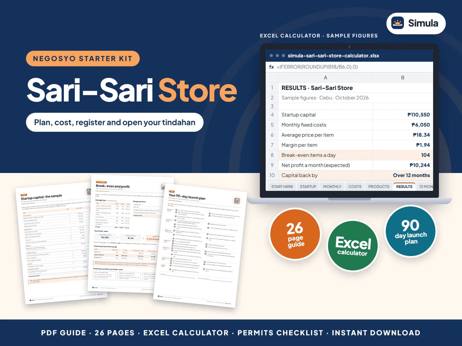 Cover of the Sari-Sari Store Negosyo Starter Kit: guide pages and the calculator's results