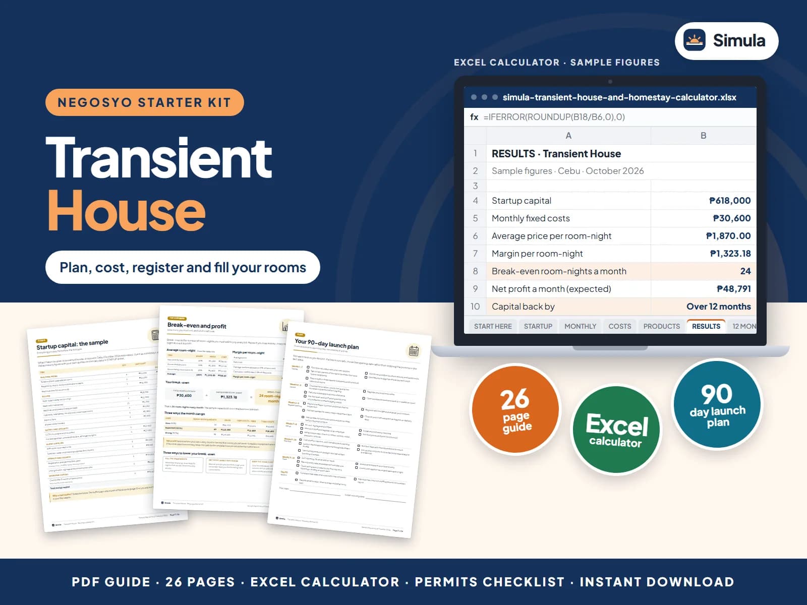 Cover of the Transient House Negosyo Starter Kit: guide pages and the calculator's results