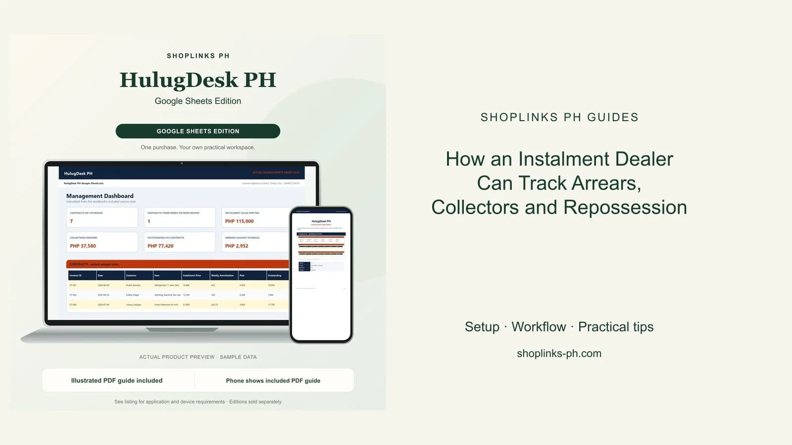 HulugDesk PH Google Sheets Edition dashboard using fictional sample data
