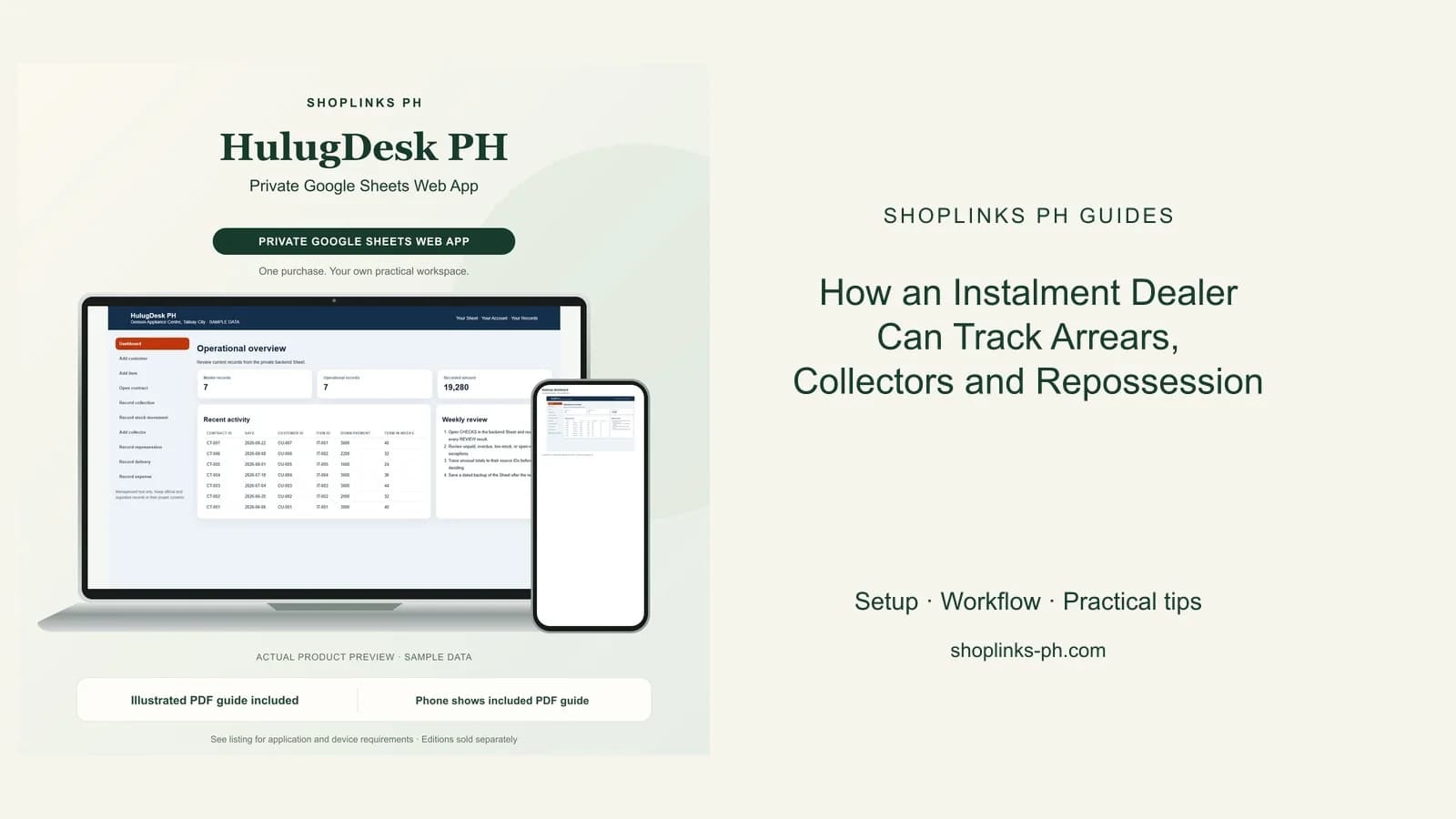 HulugDesk PH Private Google Sheets Web App dashboard using fictional sample data