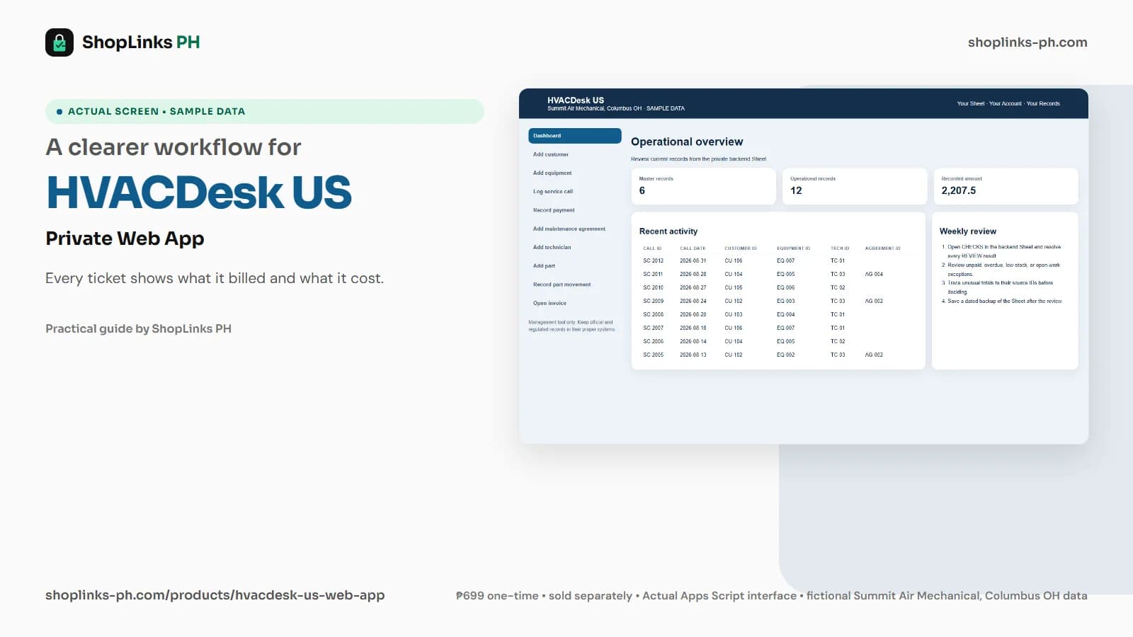 HVACDesk US Private Google Sheets Web App dashboard using fictional sample data