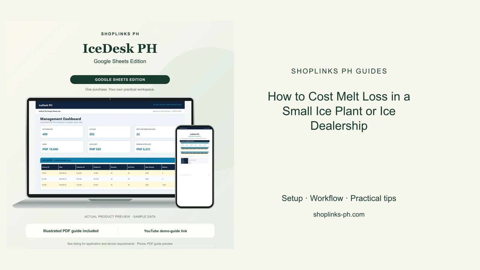 How to Cost Melt Loss in a Small Ice Plant or Ice Dealership: matching product and illustrated guide previews on laptop and phone.