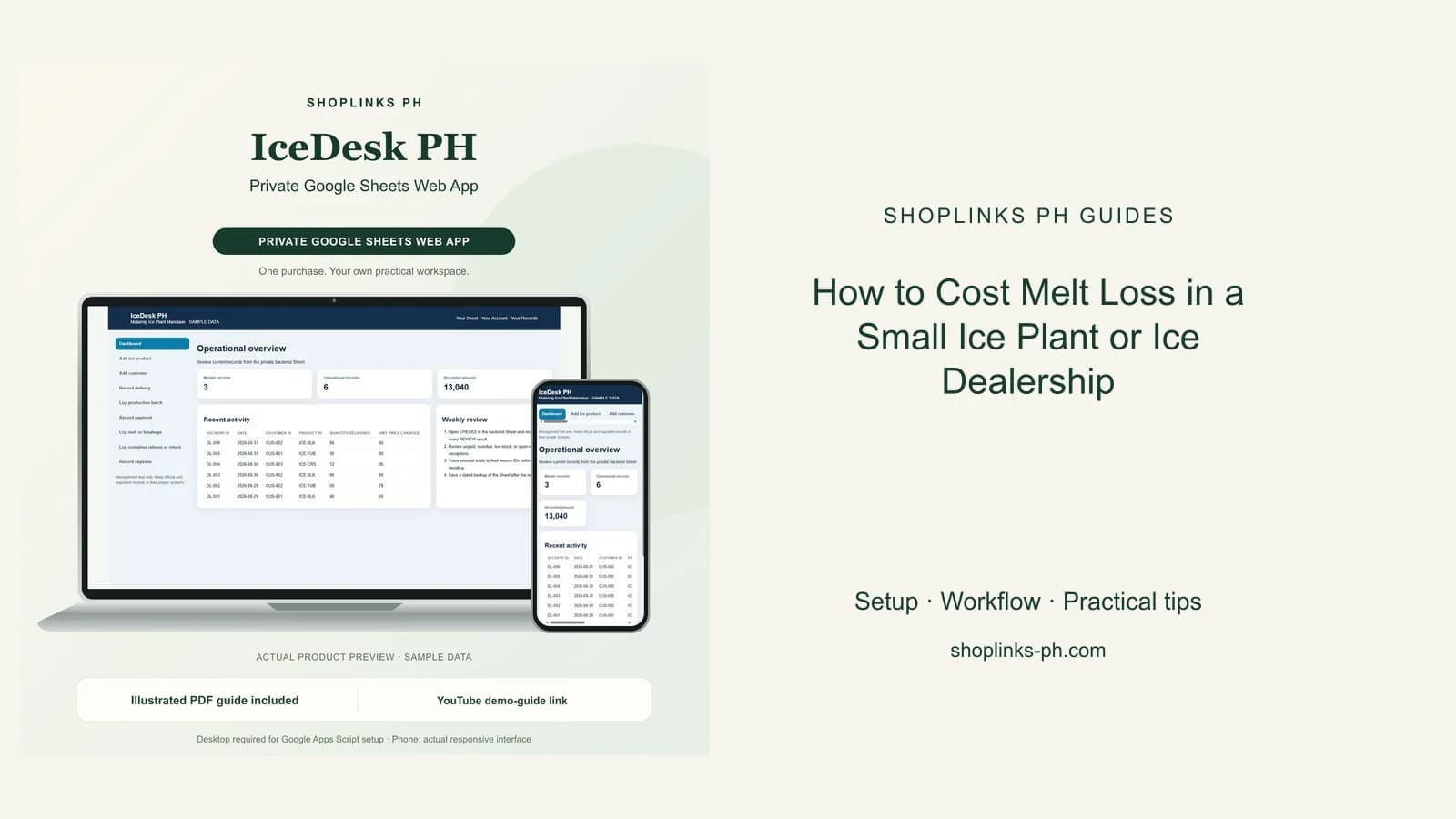 How to Cost Melt Loss in a Small Ice Plant or Ice Dealership: matching product and illustrated guide previews on laptop and phone.