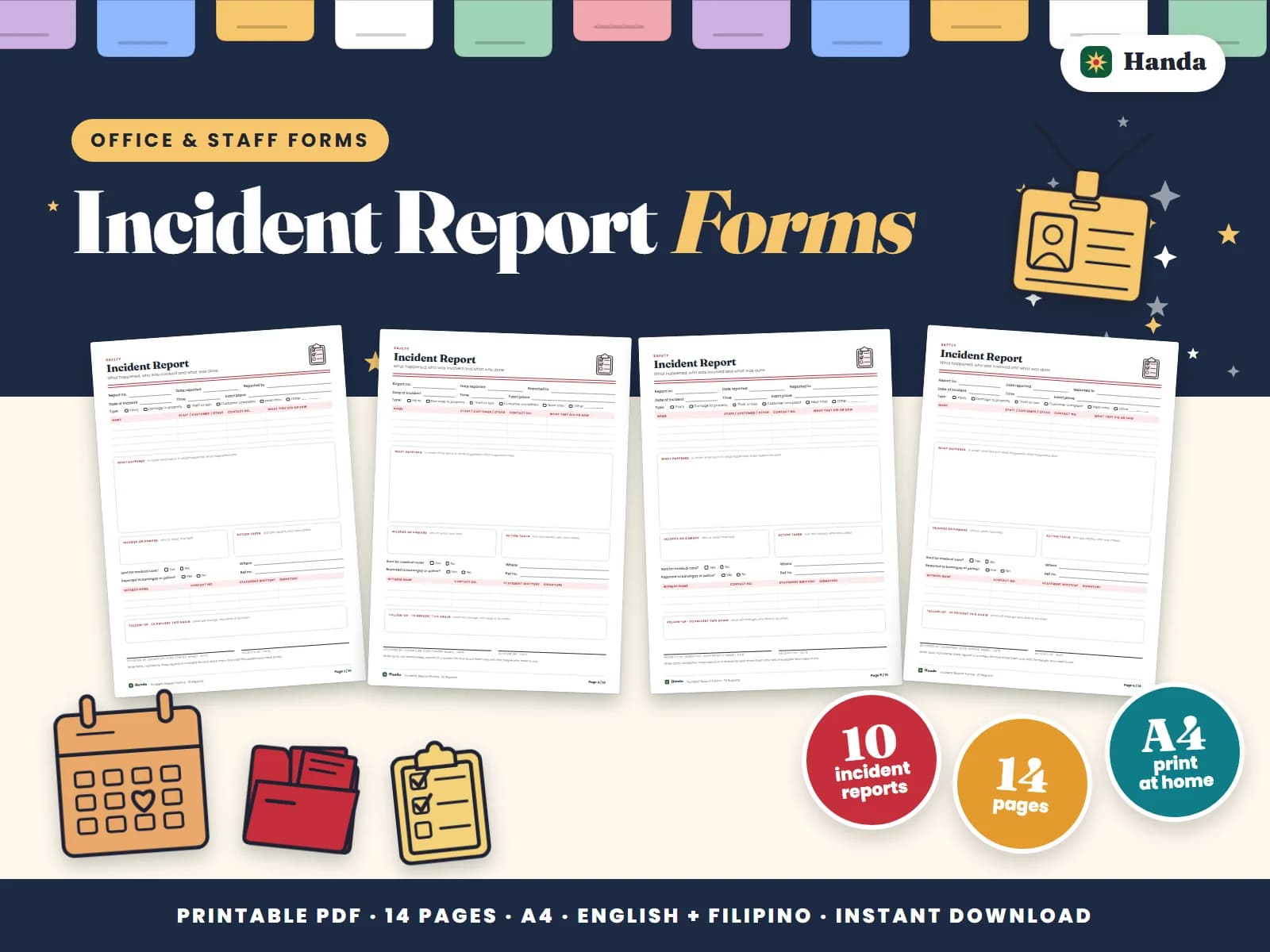 Cover of Incident Report Forms, a printable forms pack showing four of its pages