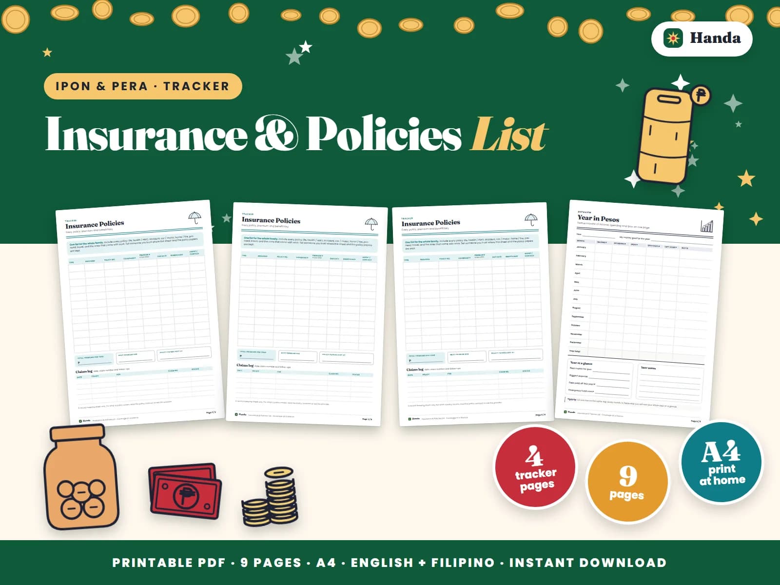 Cover of Insurance & Policies List, a printable money tracker showing four of its pages