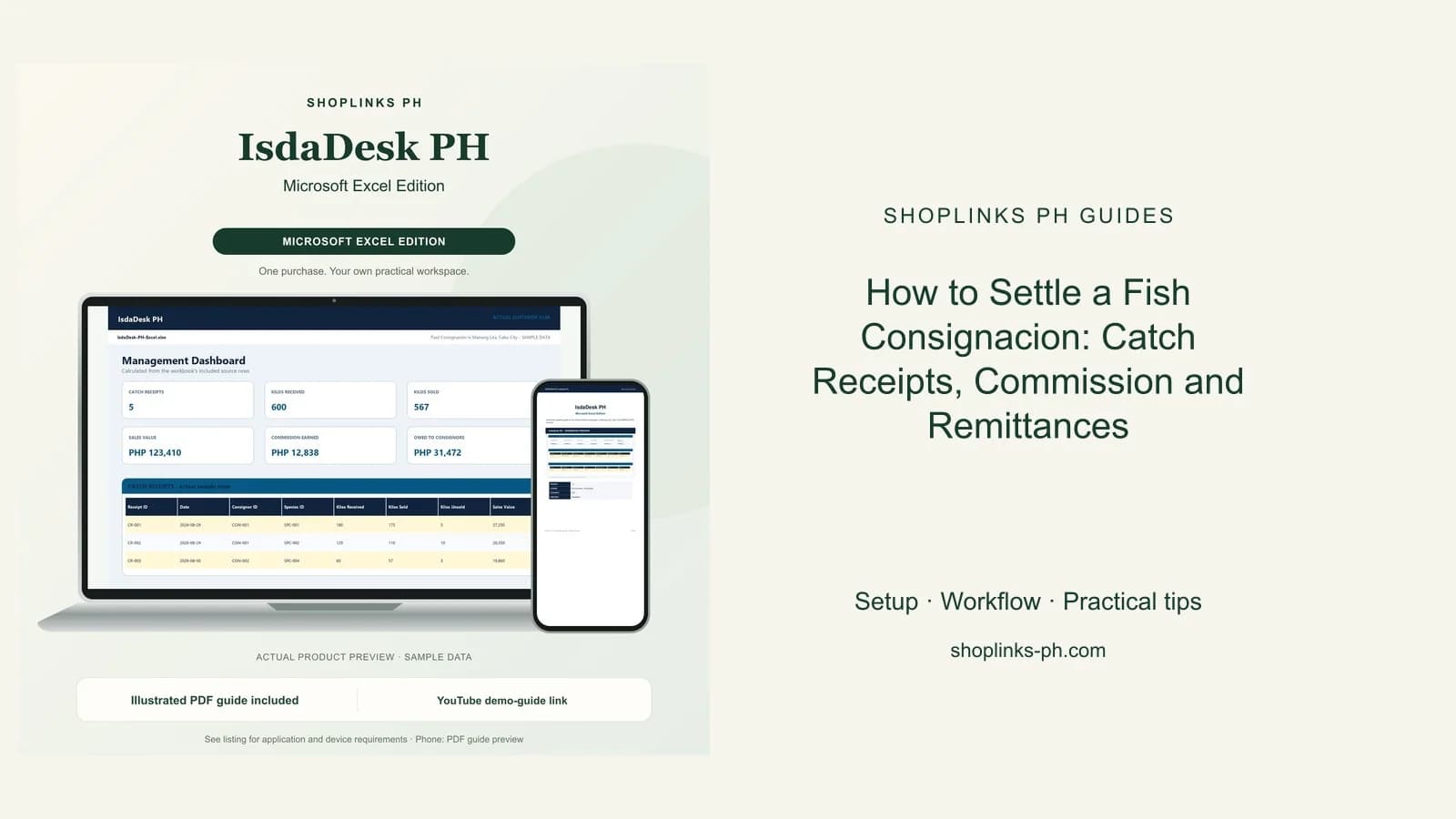 How to Settle a Fish Consignacion: Catch Receipts, Commission and Remittances: matching product and illustrated guide previews on laptop and phone.