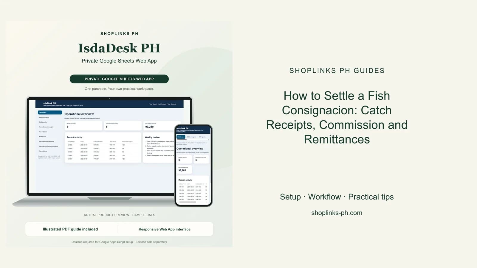 IsdaDesk PH Private Google Sheets Web App dashboard using fictional sample data