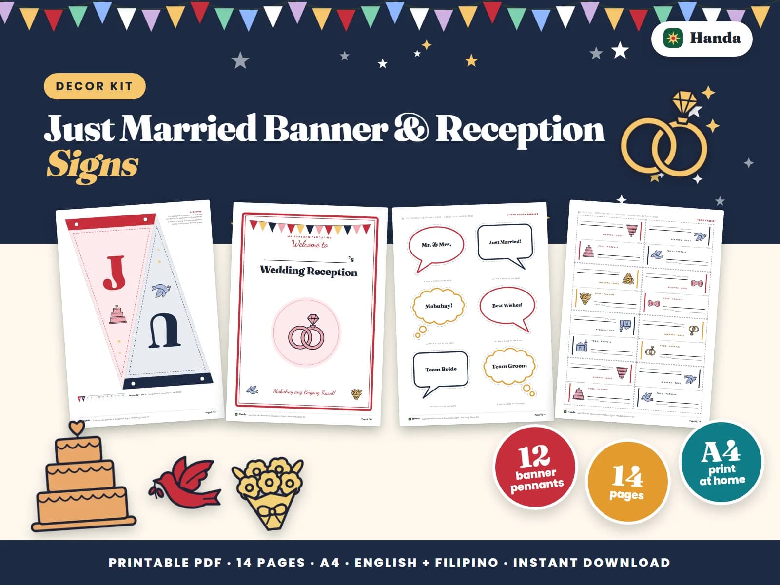 Cover of Just Married Banner & Reception Signs, a printable decor kit showing four of its pages