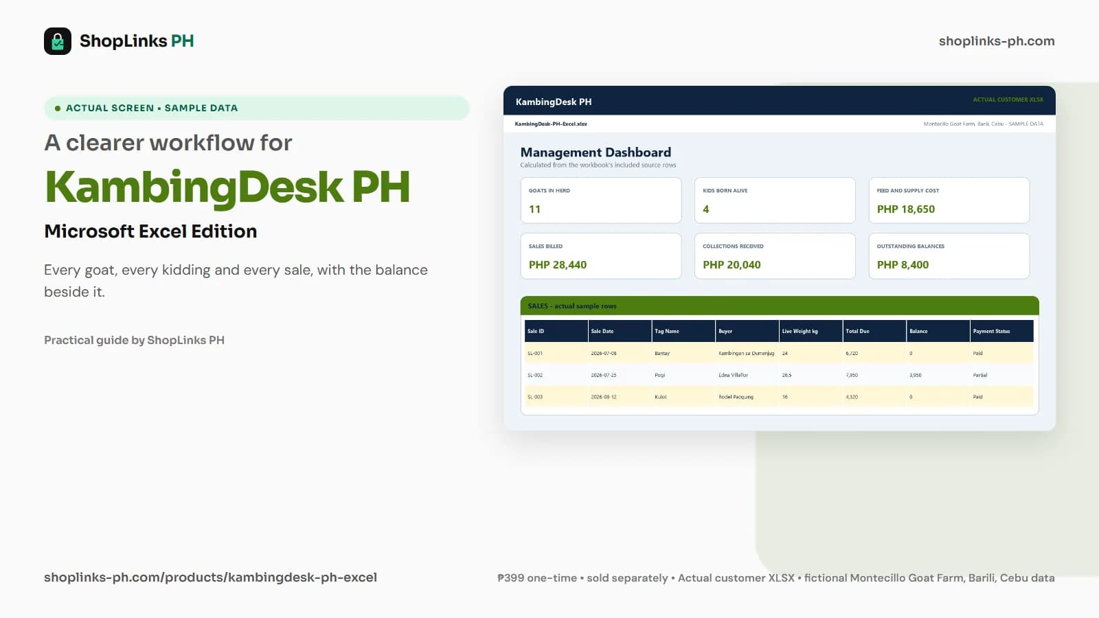 KambingDesk PH Microsoft Excel Edition dashboard using fictional sample data