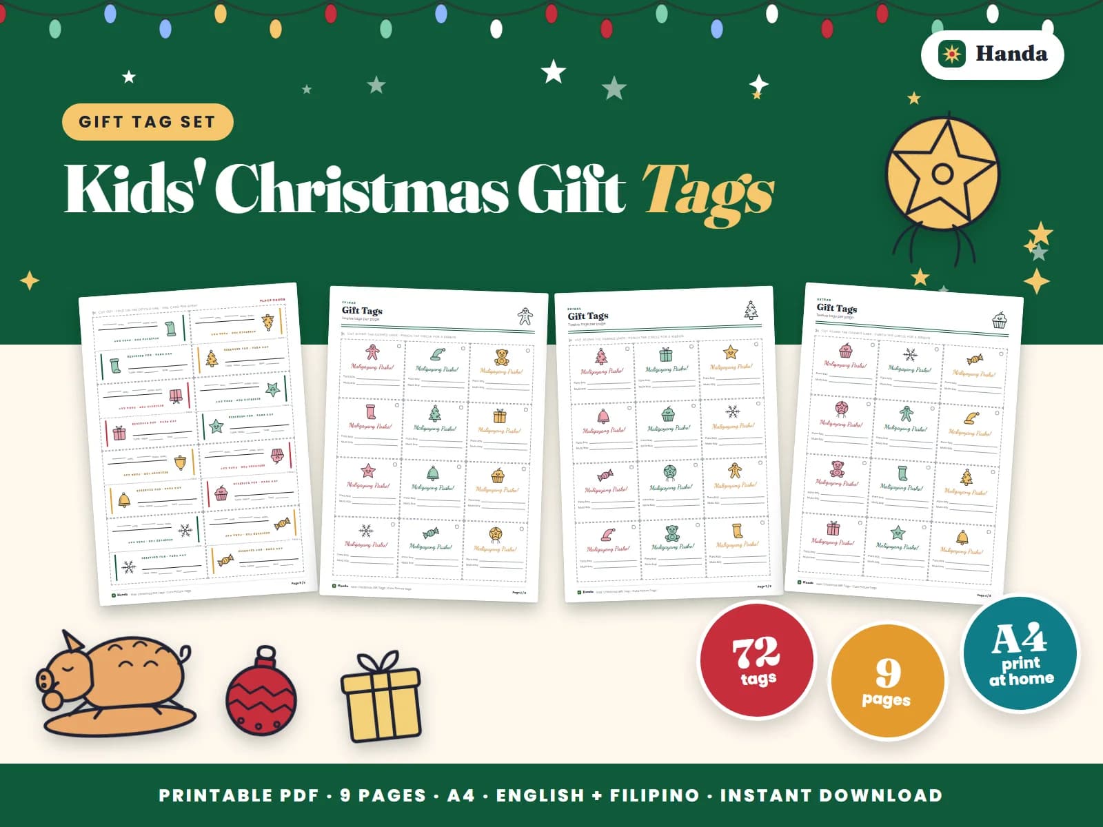 Cover of Kids' Christmas Gift Tags, a printable gift tag set showing four of its pages
