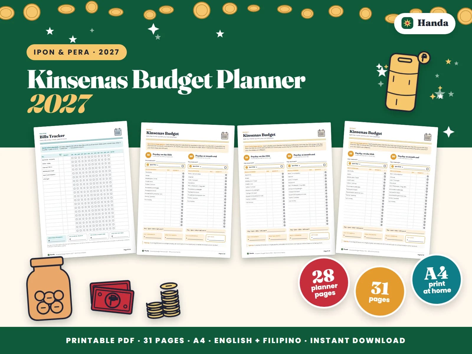 Cover of Kinsenas Budget Planner 2027, a printable budget planner showing four of its pages