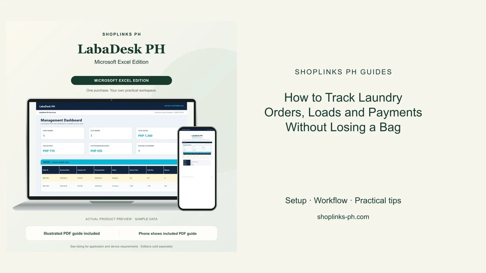 How to Track Laundry Orders, Loads and Payments Without Losing a Bag: matching product and illustrated guide previews on laptop and phone.