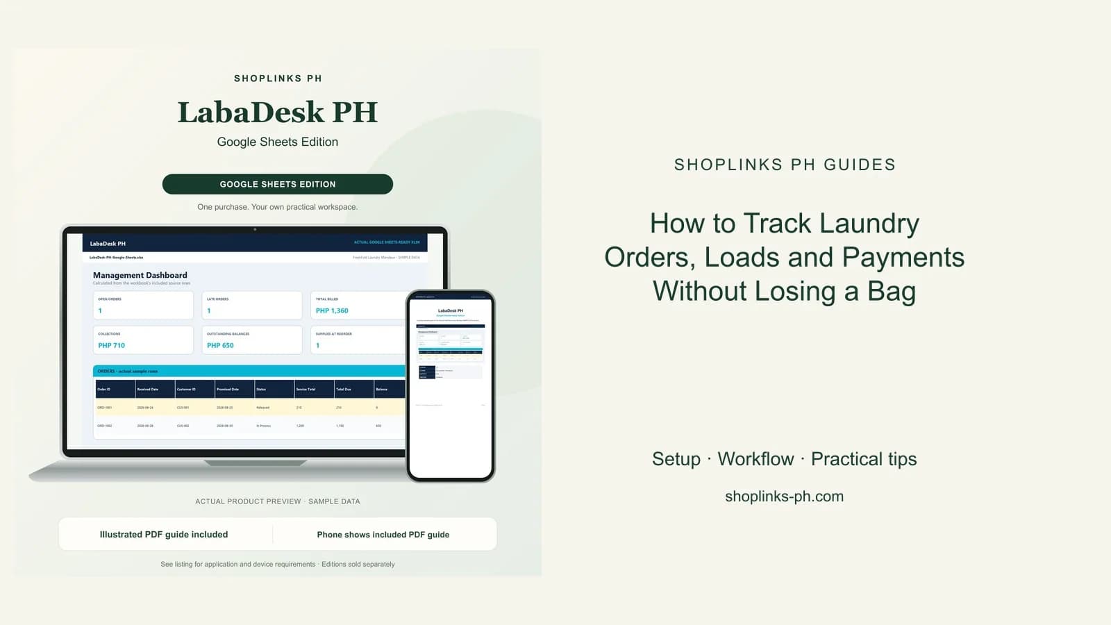 How to Track Laundry Orders, Loads and Payments Without Losing a Bag: matching product and illustrated guide previews on laptop and phone.