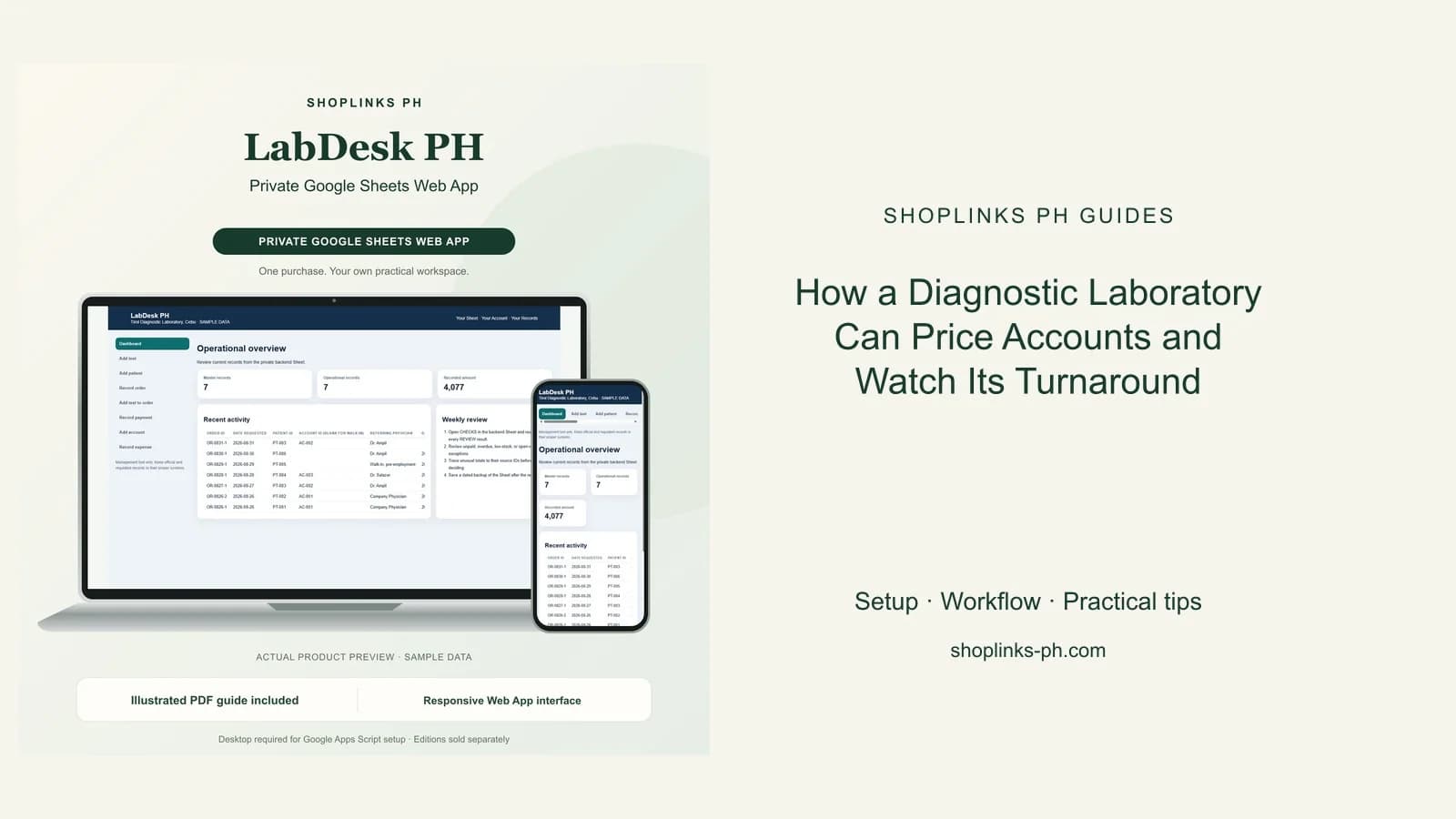 LabDesk PH Private Google Sheets Web App dashboard using fictional sample data