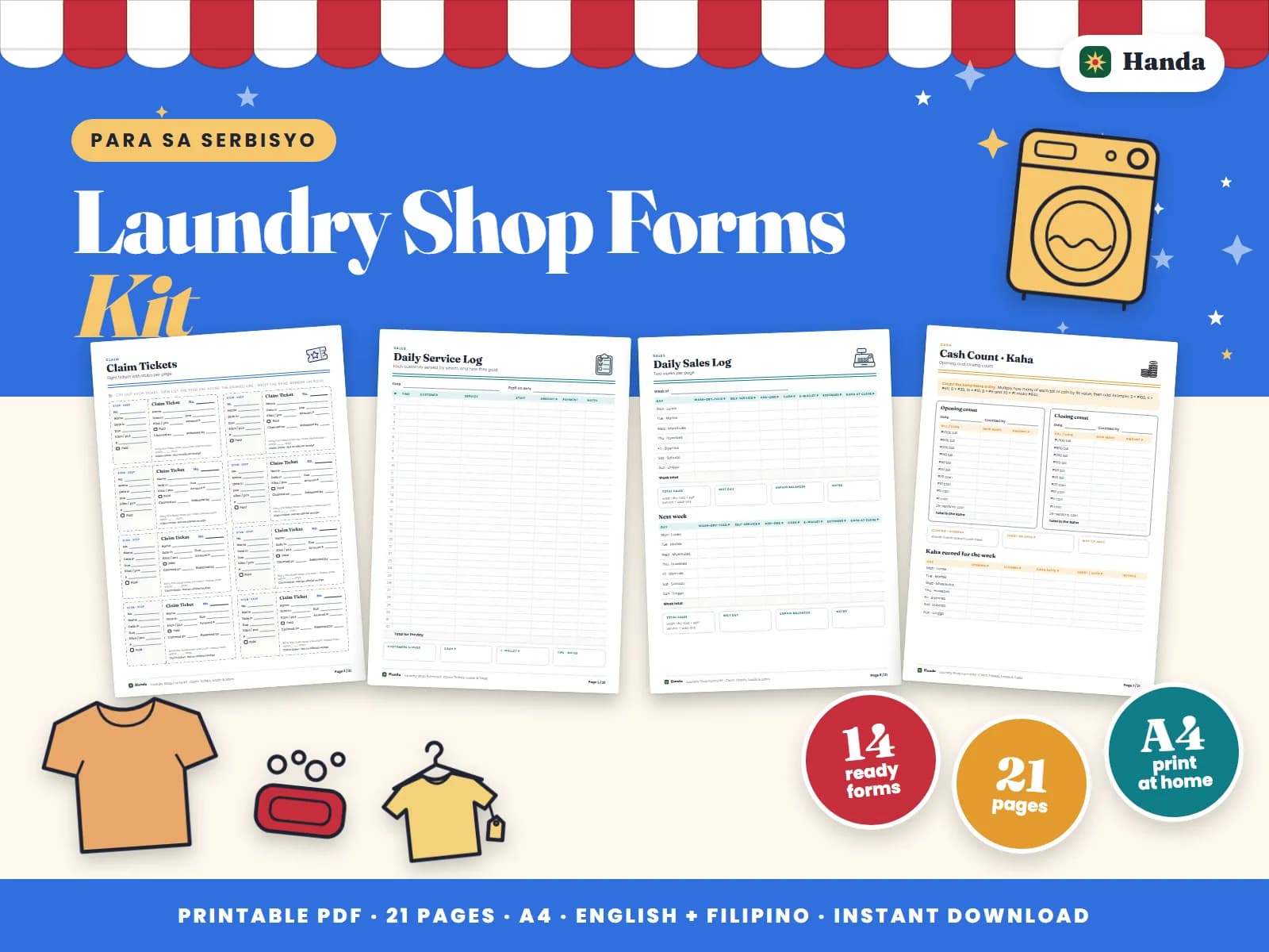 Cover of Laundry Shop Forms Kit, a printable service business forms kit showing four of its pages