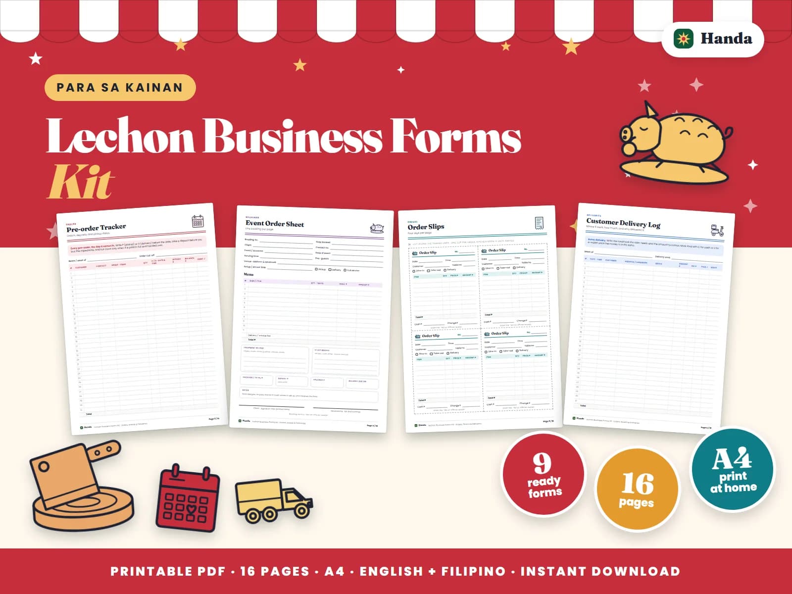 Cover of Lechon Business Forms Kit, a printable food business forms kit showing four of its pages