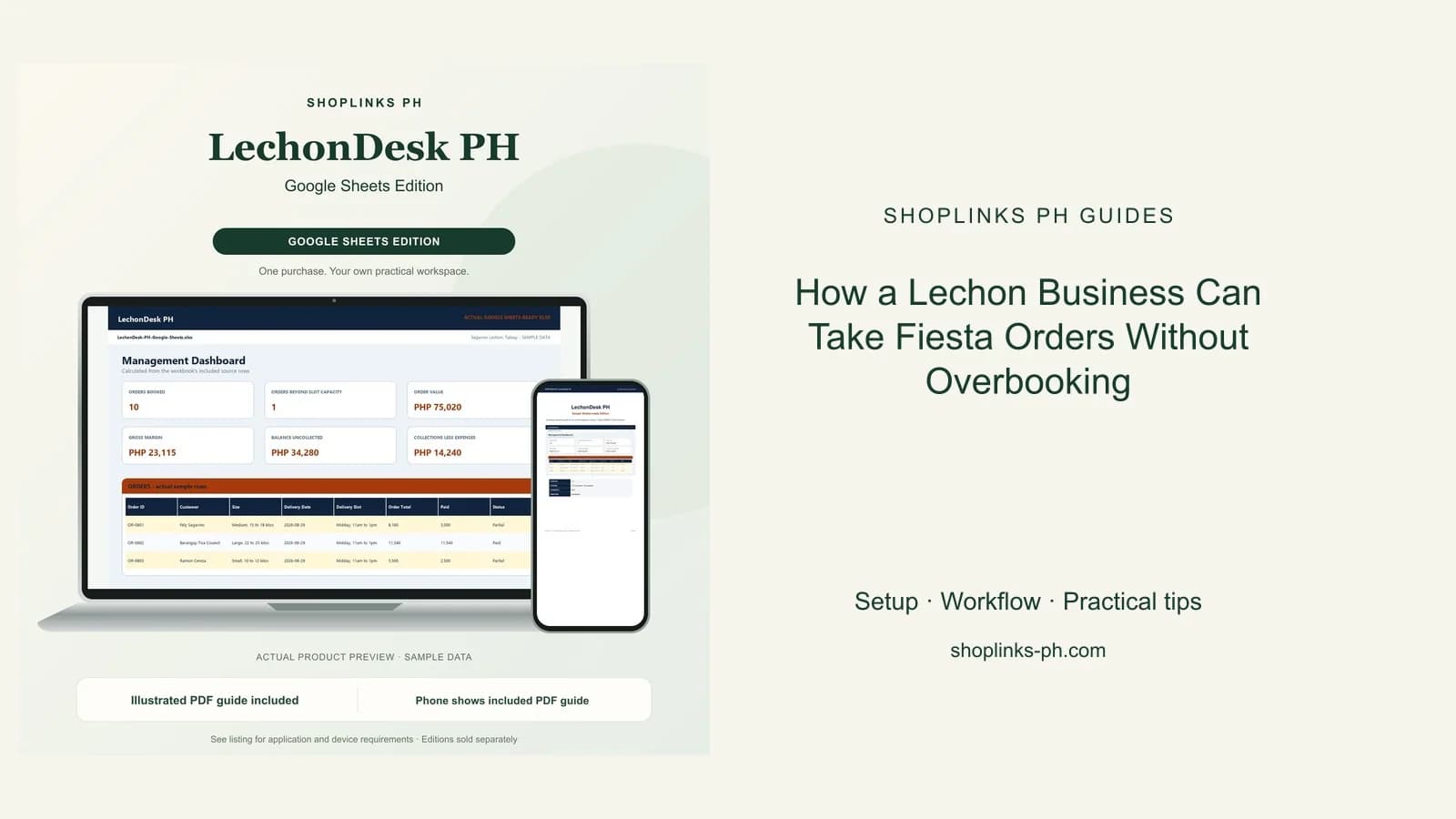LechonDesk PH Google Sheets Edition dashboard using fictional sample data