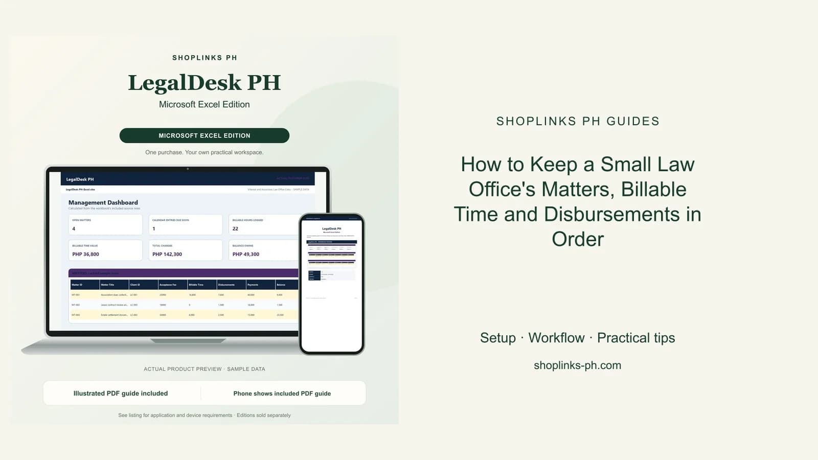 LegalDesk PH Microsoft Excel Edition dashboard using fictional sample data