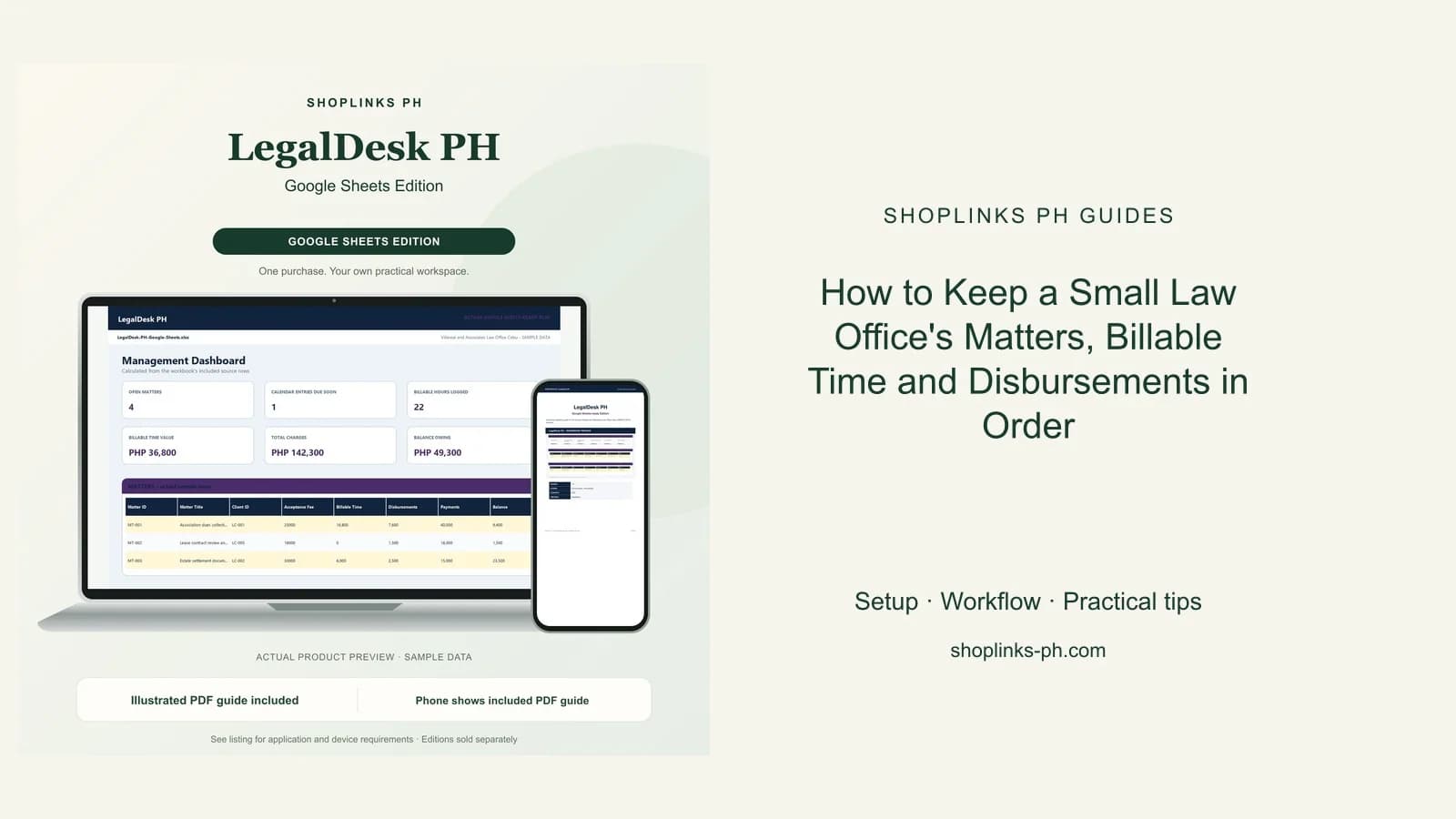 LegalDesk PH Google Sheets Edition dashboard using fictional sample data