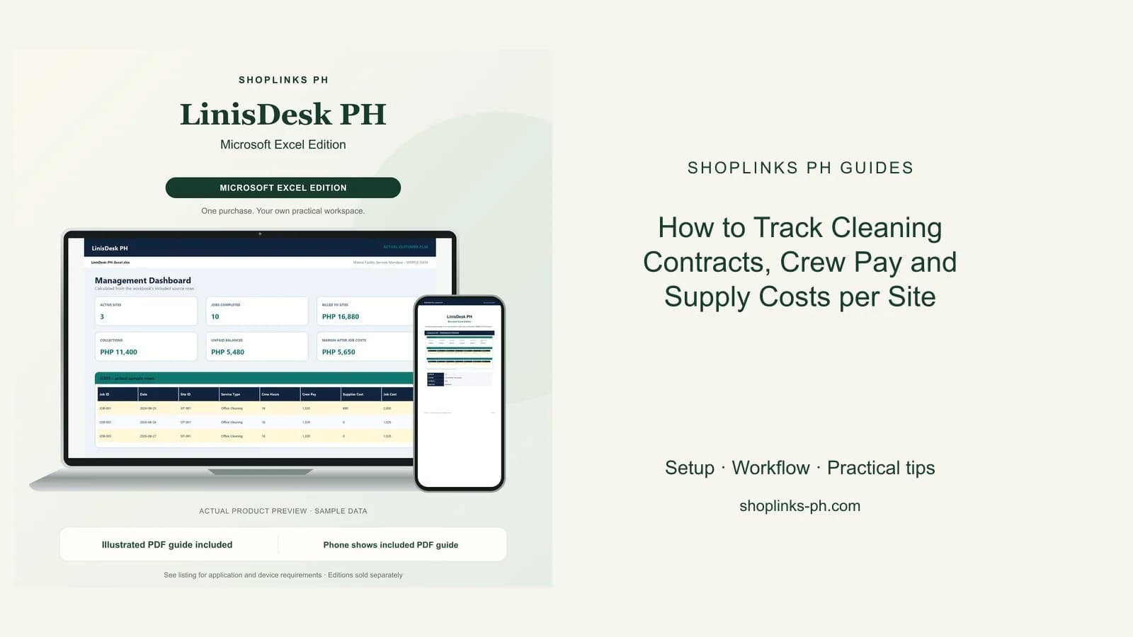 LinisDesk PH Microsoft Excel Edition dashboard using fictional sample data