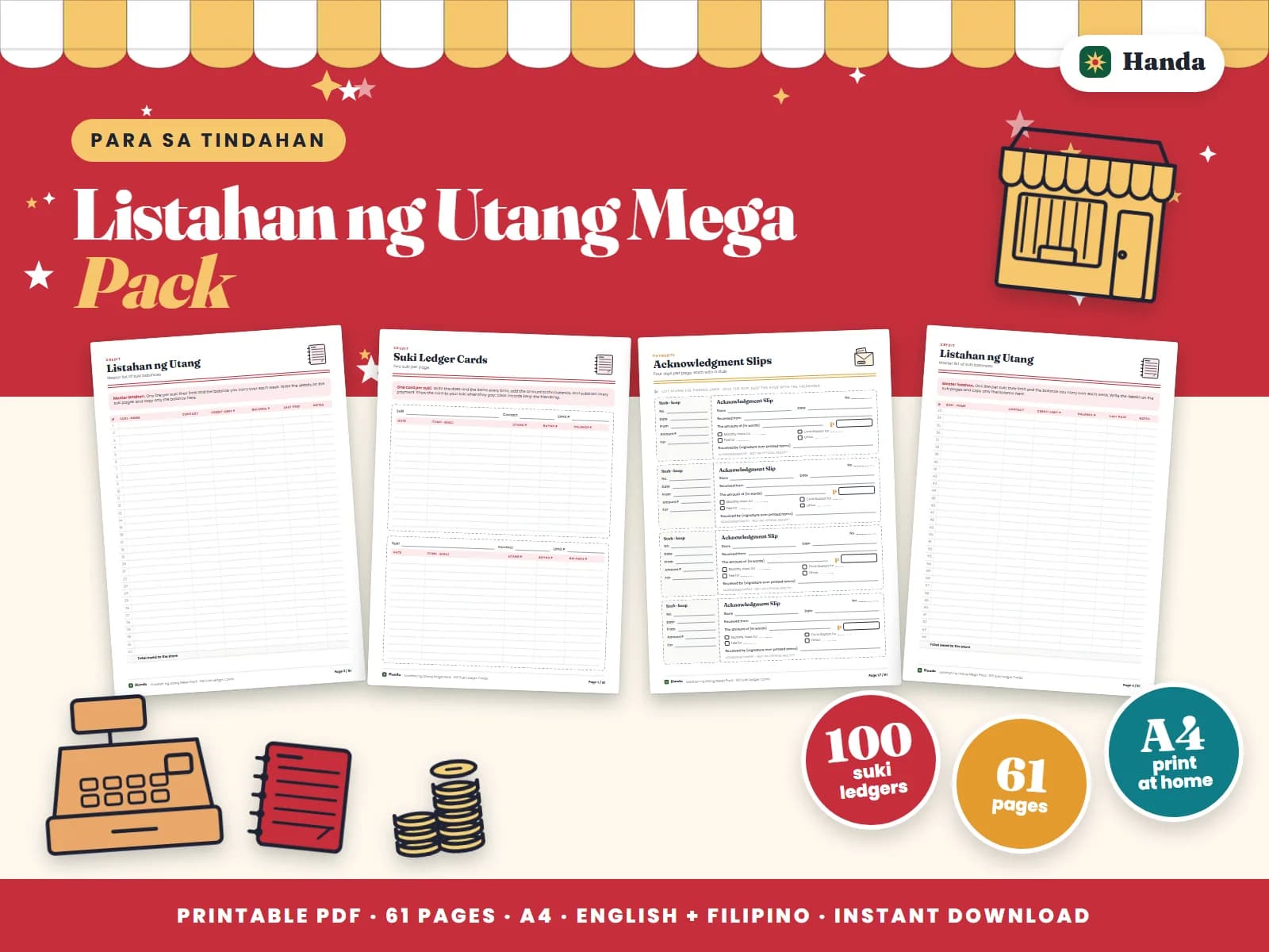 Cover of Listahan ng Utang Mega Pack, a printable forms pack showing four of its pages