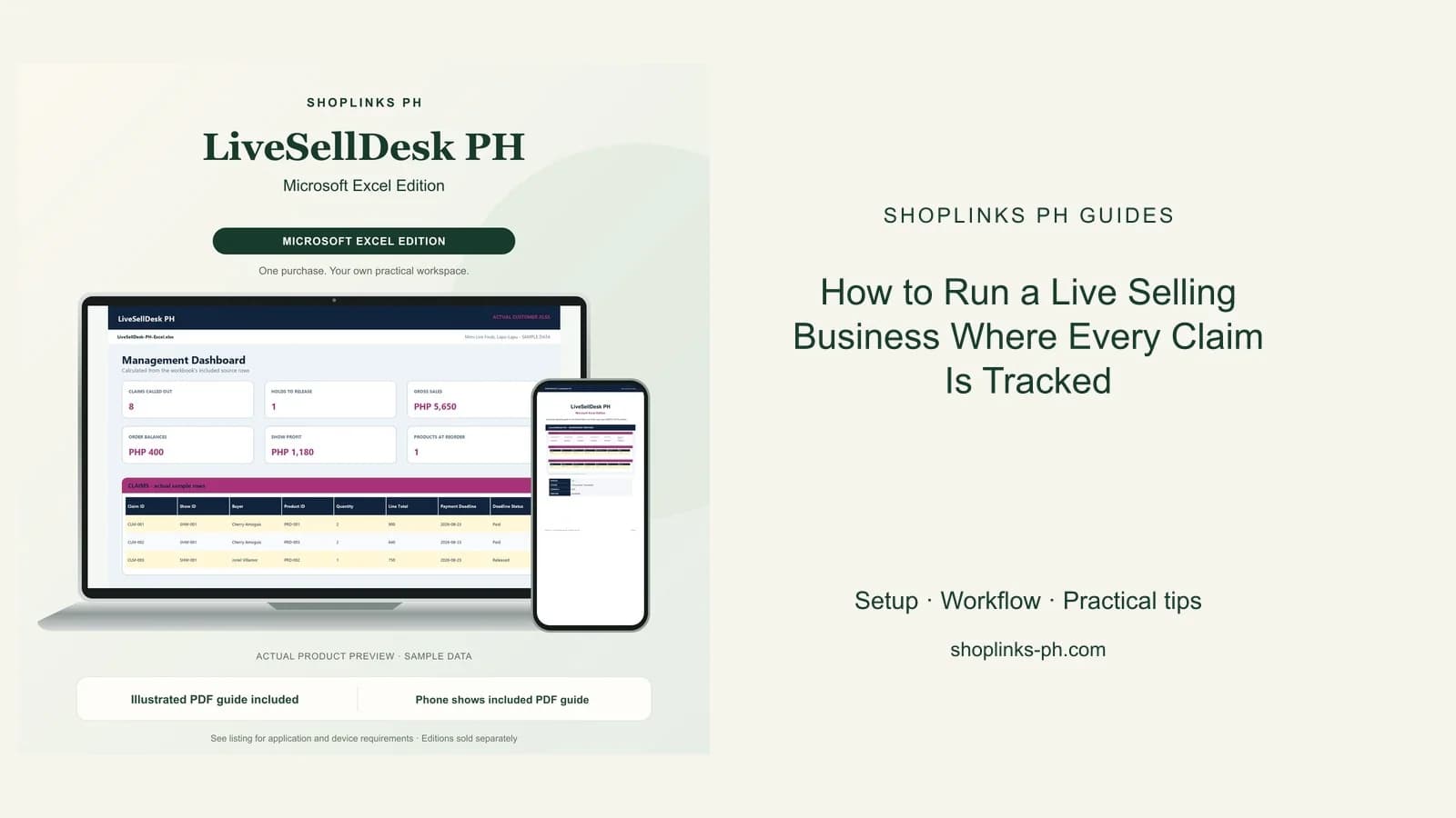 LiveSellDesk PH Microsoft Excel Edition dashboard using fictional sample data