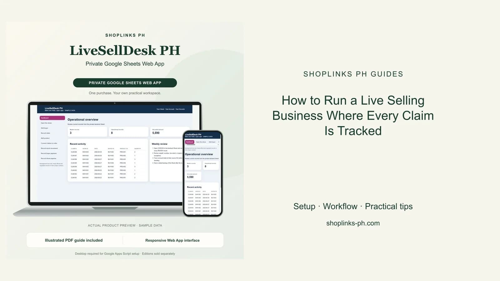 LiveSellDesk PH Private Google Sheets Web App dashboard using fictional sample data