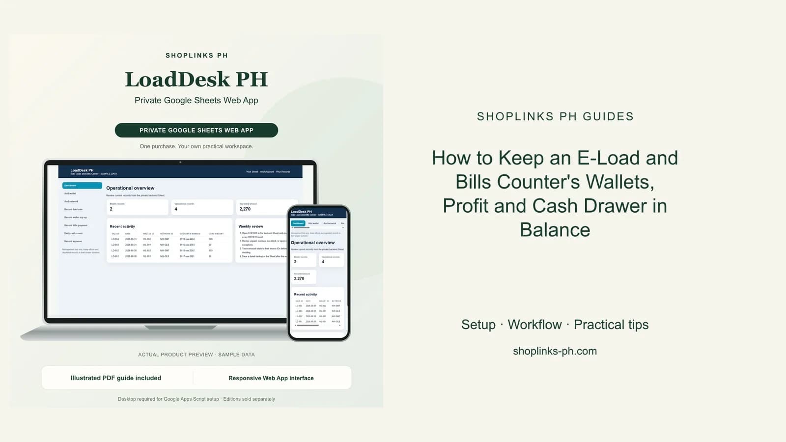 LoadDesk PH Private Google Sheets Web App dashboard using fictional sample data